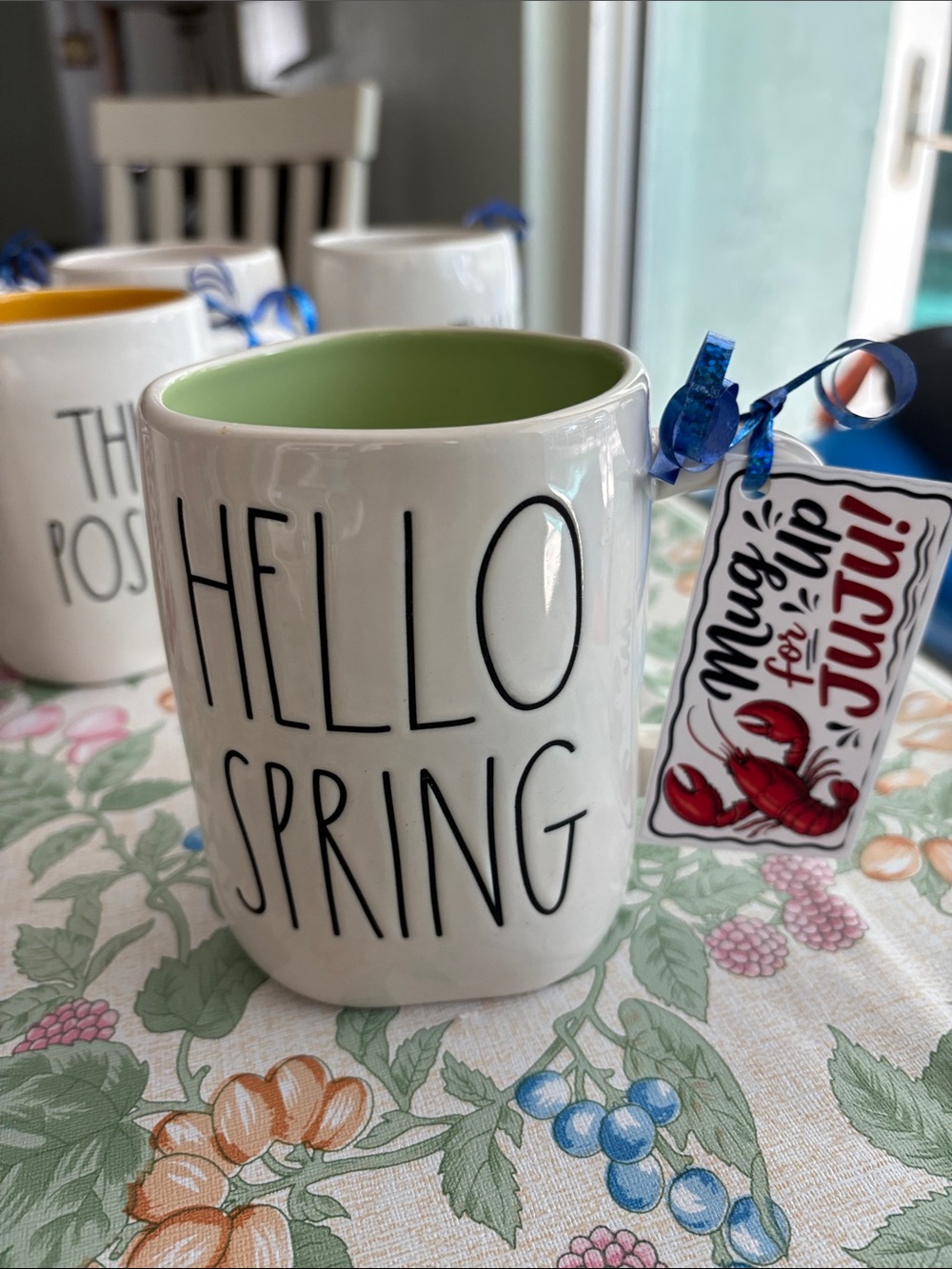 Rae Dunn White Ceramic Mug with Green Interior - HELLO SPRING